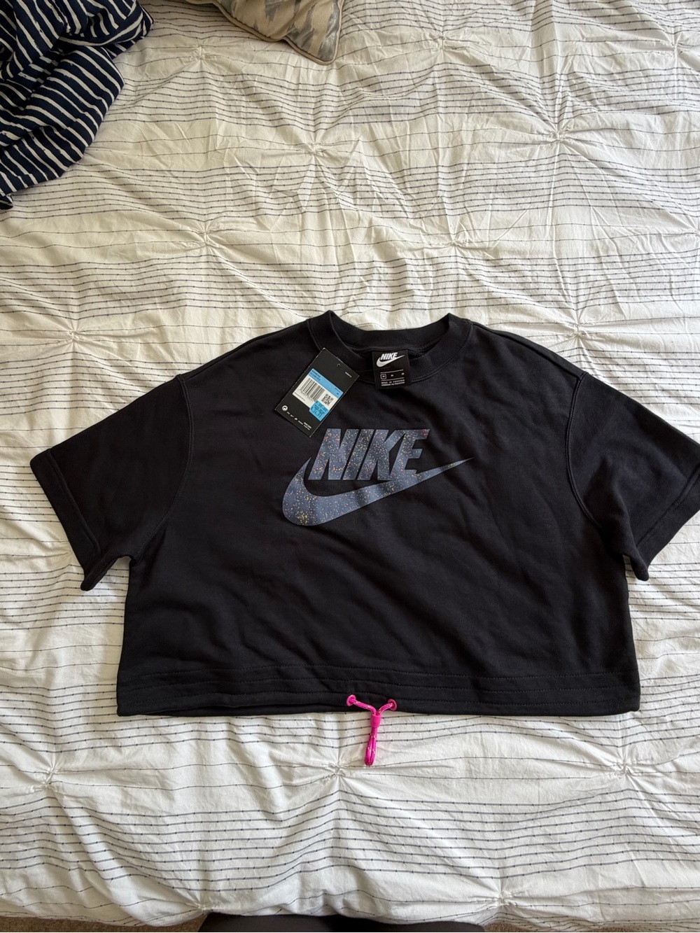 Nike Black Short Sleeve Crop Tee with Galaxy Logo and Pink Drawcord
